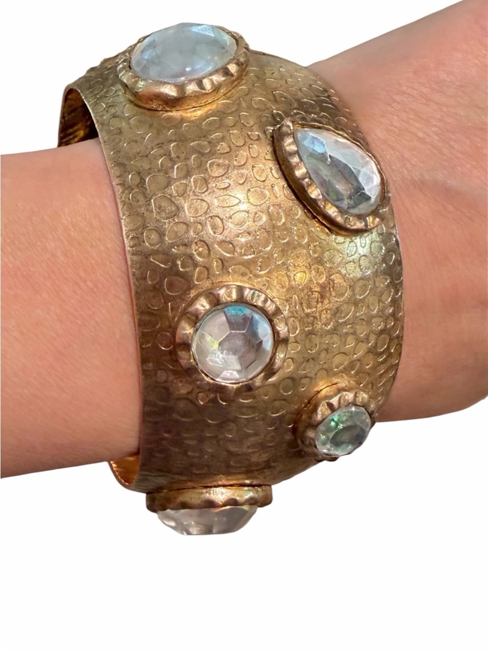 Heavy Hammered Gold Artisan Bangle Bracelet Statement Bezel Glass Stones 119g